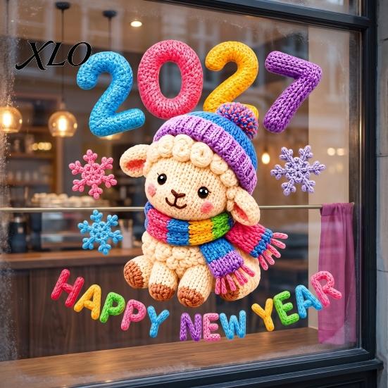 Shop Window Display Supplies Chinese New Year Stickers, 2027 Goat Static Clings, Reusable Winter Theme Decals Crochet Knit Lamb Decals, Decor for Home