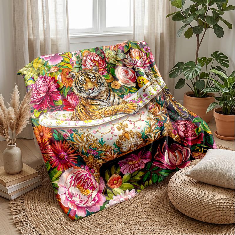 Tiger In Floral Bathtub 3 Theme Blanket Lightweight Warm Flannel Blanket Decorative Throw Blanket for Home Decoration