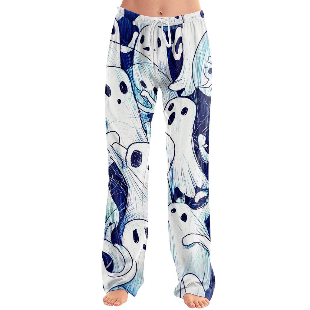 Damen Halloween Print Kordelzug Hose Lässige Lounge Hose Halloween Thema Bedruckter Elastischer Bund Entspannte Passform Hose
