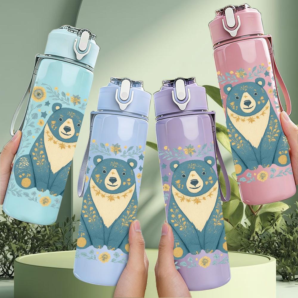 1PC Blue Bear Floral Frame 750ml Color Plastic Sports Water Bottle Leakproof Flip Straw Lid Suitable for Sports Office Home Use