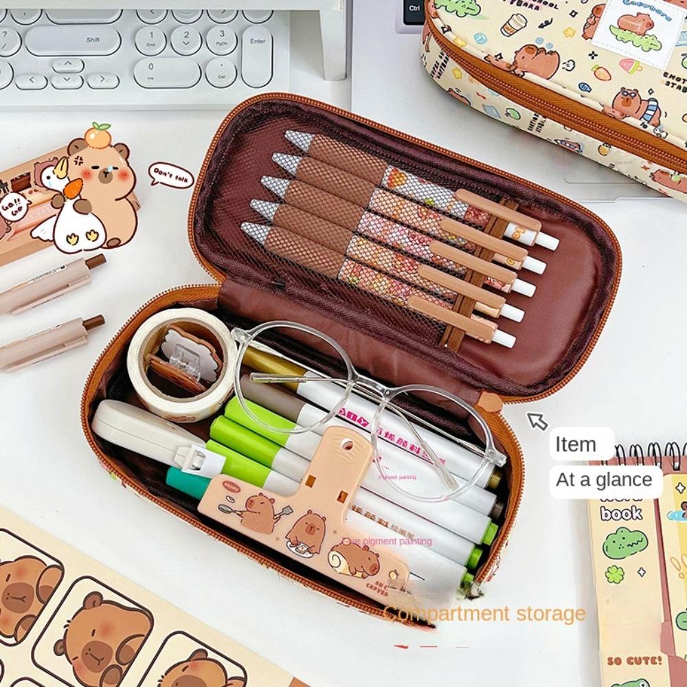 Canvas Capybara Stationery Bag Large Capacity Cartoon Pencil Bag Capybara Pencil Pouch  Students