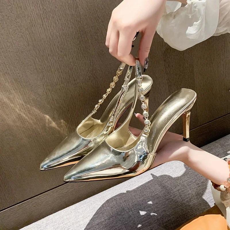 Fashion Shiny High Heels Slingback Silver Women Pumps Metallic Crystal Sandals Pointy Toe Stiletto Heeled Shoes Party Dress Shoes Woman