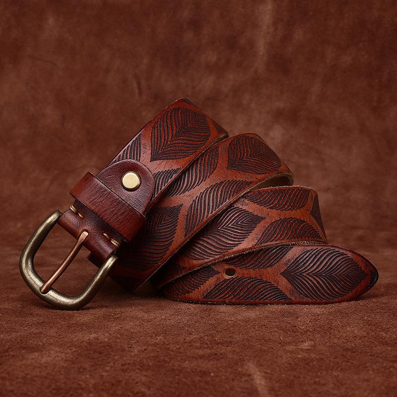 3.8Cm Wide Washed Retro Personalized Embossed Vegetable Tanned Belt Men'S Genuine Leather First Layer Cowhide Pin Buckle Belt Men'S Trendy