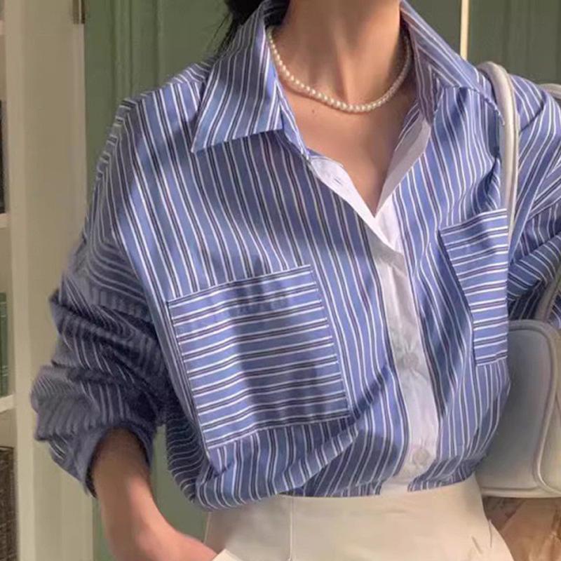 

Женская полосатая рубашка контрастного цвета в стиле ретро с длинными рукавами, весенний свободный топ с двойными карманами и лацканами L синий