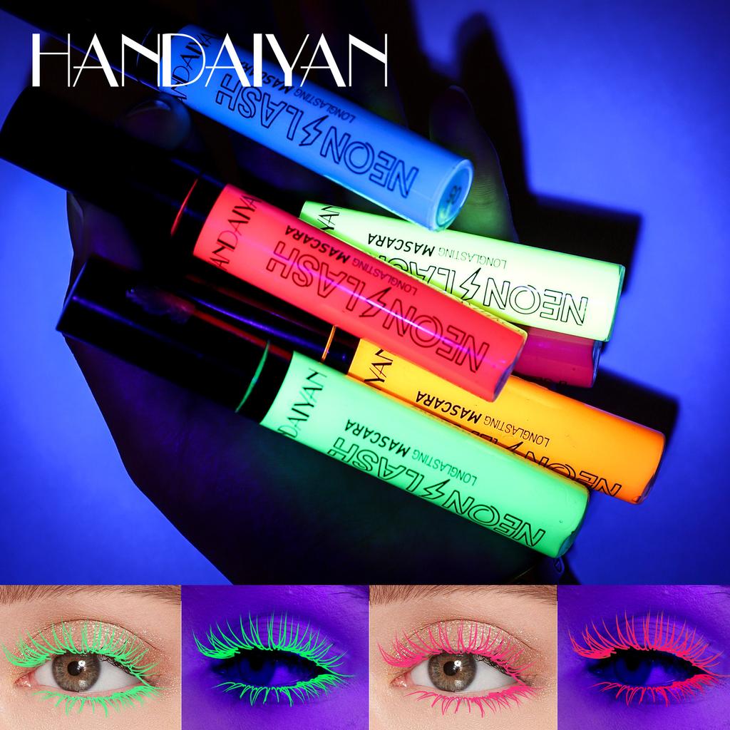 Mascara Neon HANDAIYAN, Mascara Colorato Impermeabile Allungante & Curvante, Trucco Occhi Neon Luminoso UV per Festa Festival