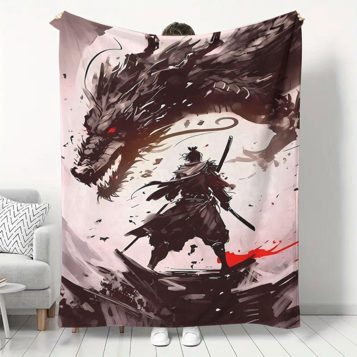 

Anime warrior and dragon pattern Flannel printed blanket suitable for all seasons suitable for living room office sofa travel 75x90cm28x39in