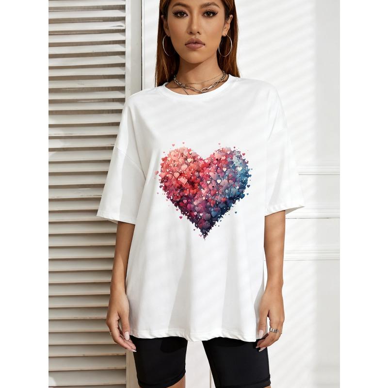 White Oversized T Shirt With Colorful Heart Print For Casual Wear