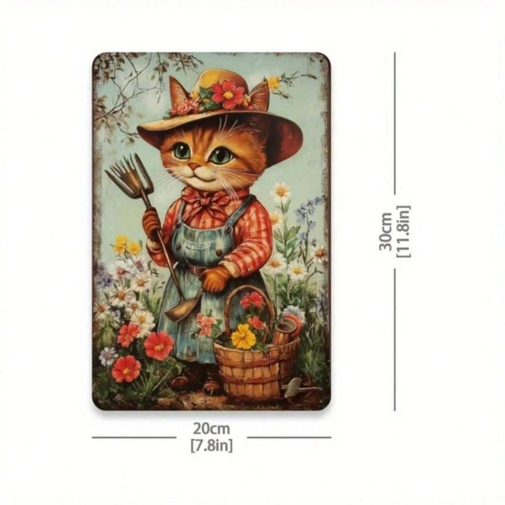 Cottage Style Metal Wall Art Cat with Flower Basket Home Decor