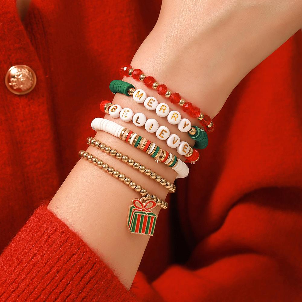 New Year's Bracelet Festive Red and Green Bracelet Christmas Bracelet Alphabet Soft Pottery Bracelet Festive Christmas Bracelet
