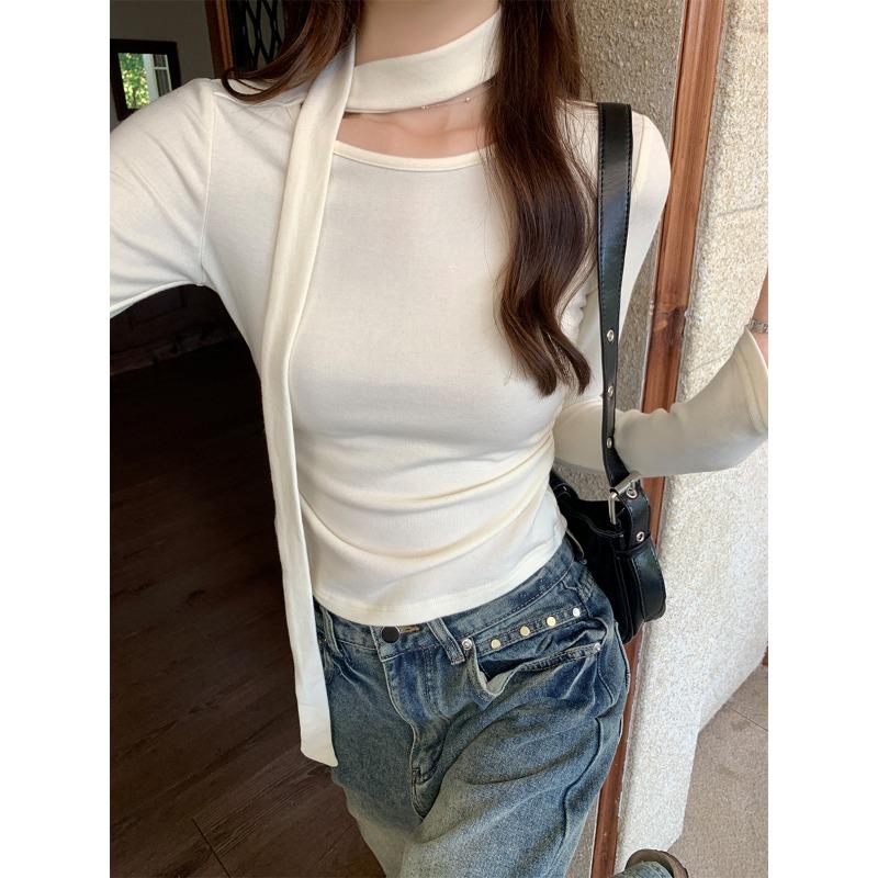 Sonbahar ve kış fırçalanmış sıcak yuvarlak yaka uzun kollu içlik kazak kadınlar için siyah pileli tişört ile katmanlı boyun atkılı üst