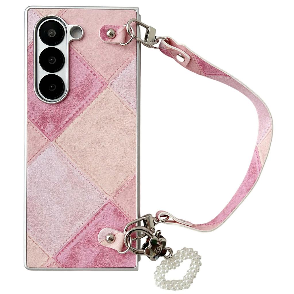 For Samsung Galaxy Z Fold6 5G Case Retro Rhombus PU+PC Phone Cover with Love Pendant and Strap