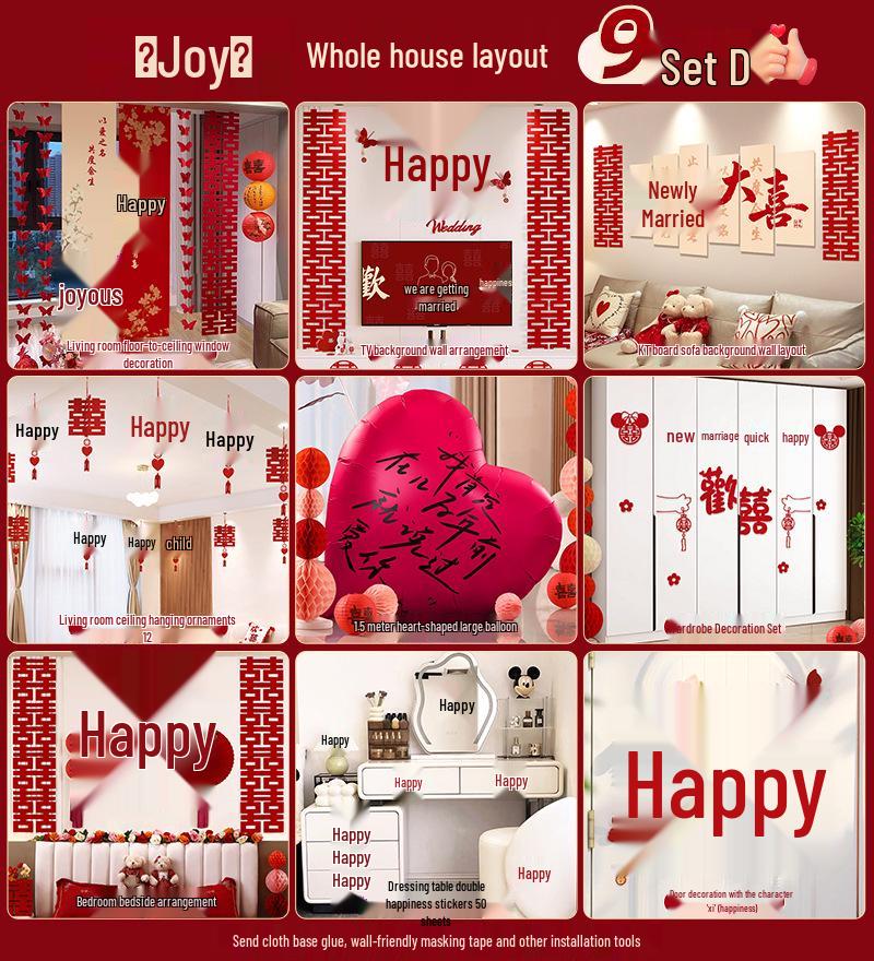Wedding Decoration Set: Sofa Background, Bedroom Bedside, and Double Happiness Board for Groom's New House
