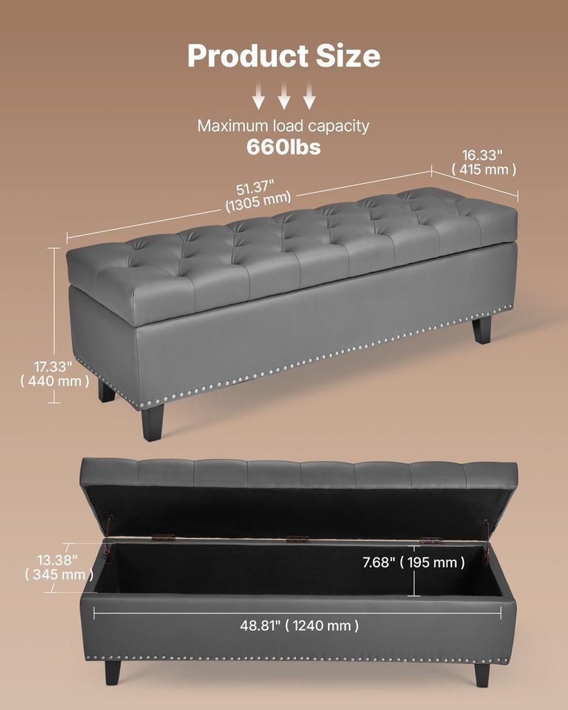 Button-Tufted Storage Ottoman Bench, PU Leather Bench with Storage and Solid Wood Legs, Modern Shoe Benches Seat for Entryway, Upholstered End of Bed