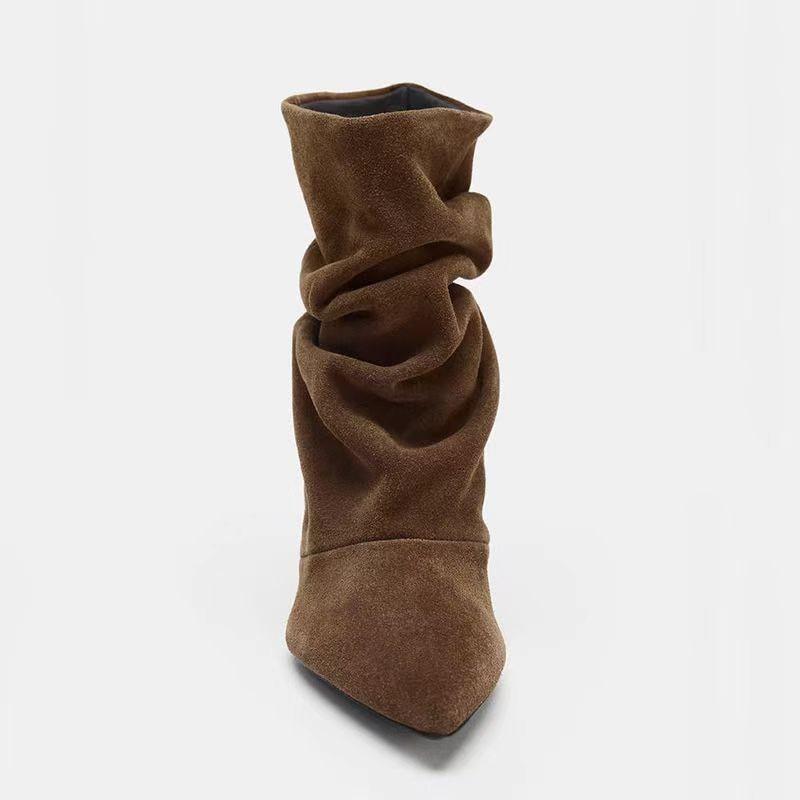 Fall New Products Women's Shoes, Velvet Folds Pointed Cat Heel Short Pile Brown Pointed Folds Short