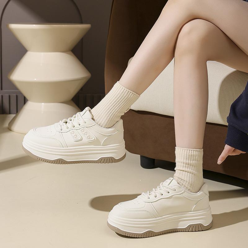Women's Thick-Soled White Casual Board Shoes, Campus Style Versatile Footwear For Petite Students.