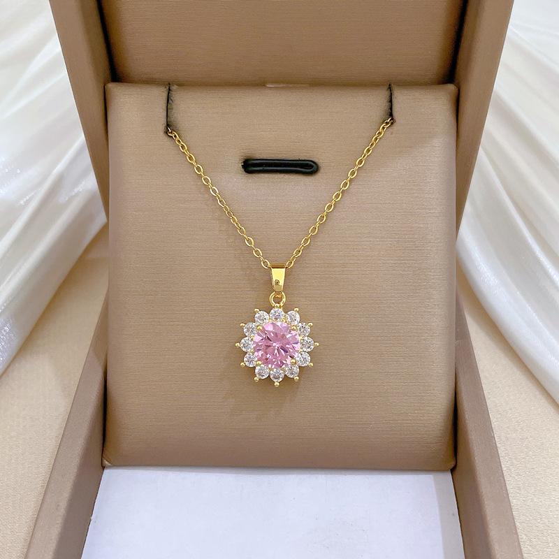 Simple Shiny Pink Zircon Flower Pendant Necklaces for Women Girls Luxury Stainless Steel Chain Jewelry Accessories Gifts