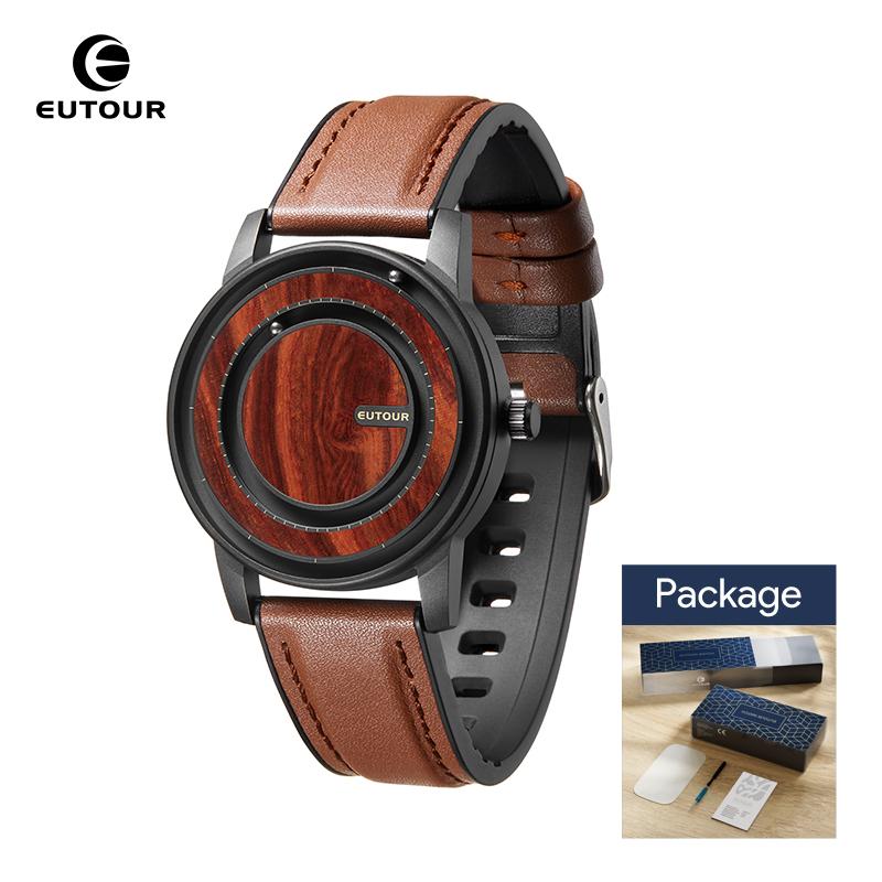 AUQ1 EUTOUR-Reloj Magnético de Bolas Unisex, Reloj con Elemento de Diseño de Madera, Correa de Cuero PU, Diseño Único de Agujas, Reloj Casual de Negocios