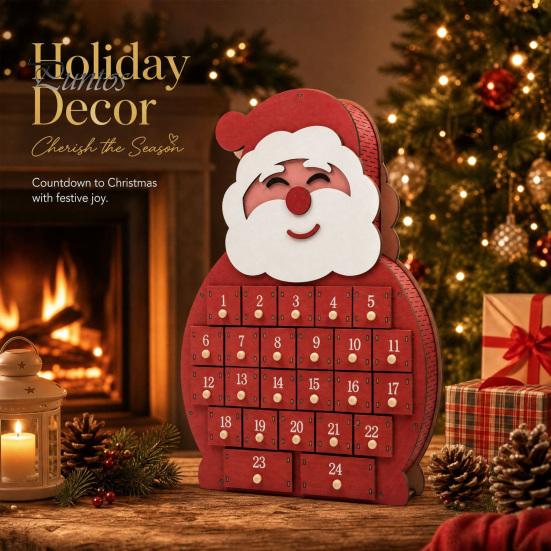 Mini Ornament Holder Wooden Santa Snowman Advent Calendar, 24-Day Countdown Box with Calendar Numbered Drawers, Christmas Tabletop Decor, Candy