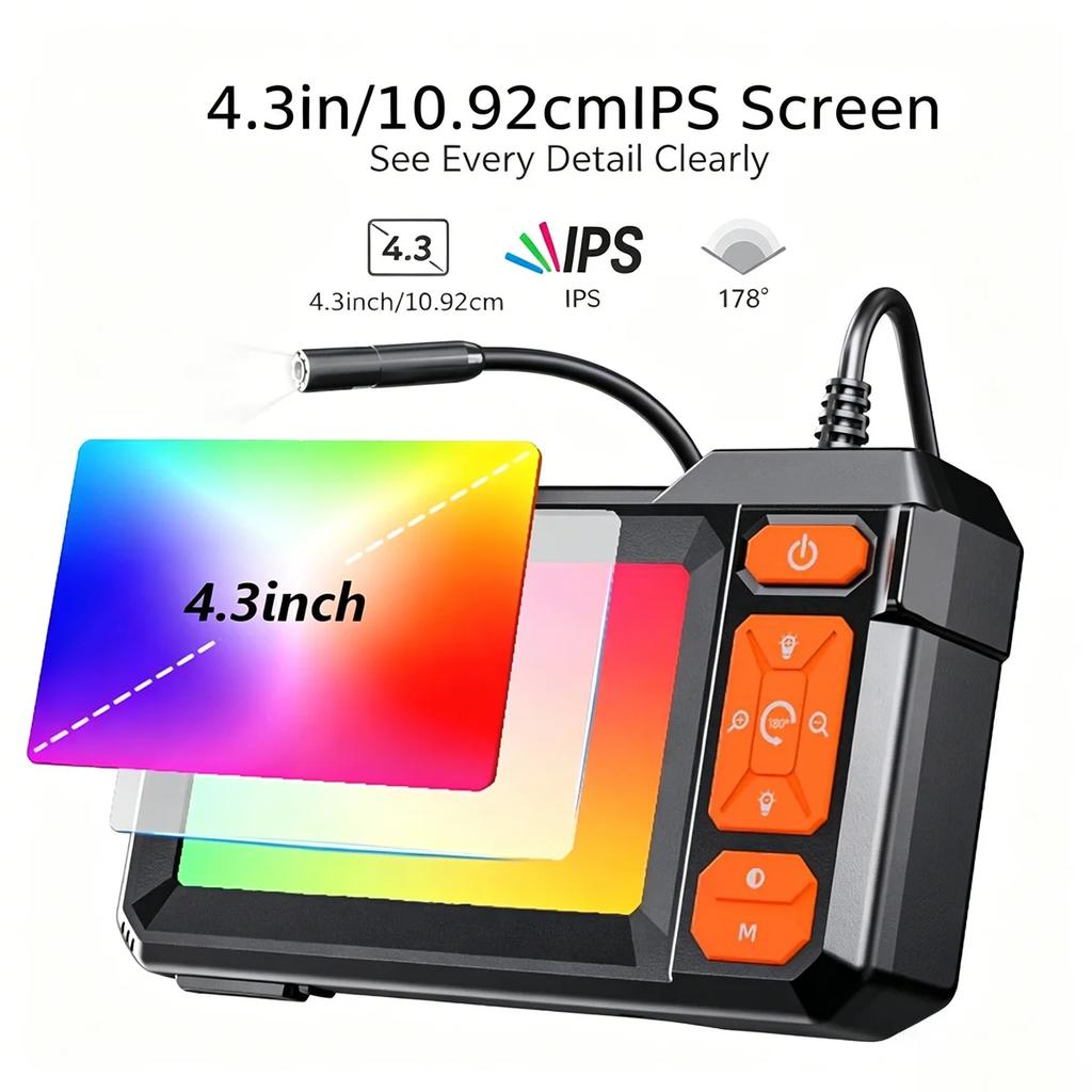 Industrial Endoscope Camera 4.3inch IPS Screen 8mm HD1080P IP67 Waterproof 8 LED Light Inspection Borescope for Pipe Car Repair
