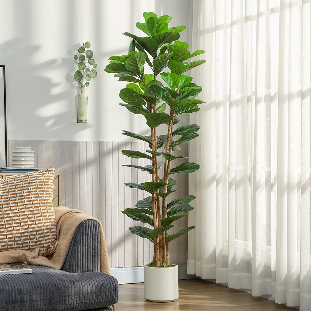 Artificial Indoor Plant, 180 cm Fiddle-Leaf Fig, Plastic Pot, Solid Wood Trunk, Green
