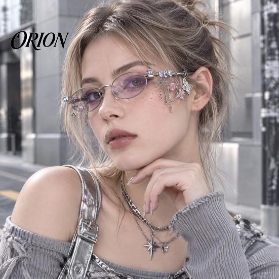 Personalized Styling Eyewear Aesthetic Oval Fake Glasses with Pendant, Anti-Blue Light Decorative Metal Fashion Eyewear, for Teen Girls Butterfly Star