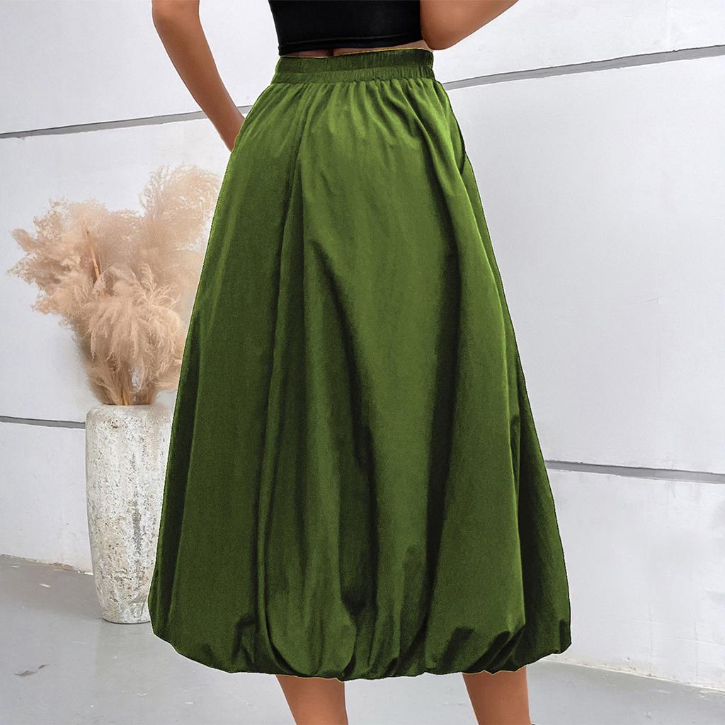 Falda de Media Longitud con Bolsillo de Color de Moda para Mujer, Holgada, Estilo Flor de Capullo, Cintura Elástica de Calle