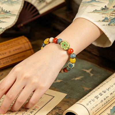 Keramikarmband, ethnischer Stil, Retro-Armband mit Holzperlen, dekoratives Keramikarmband