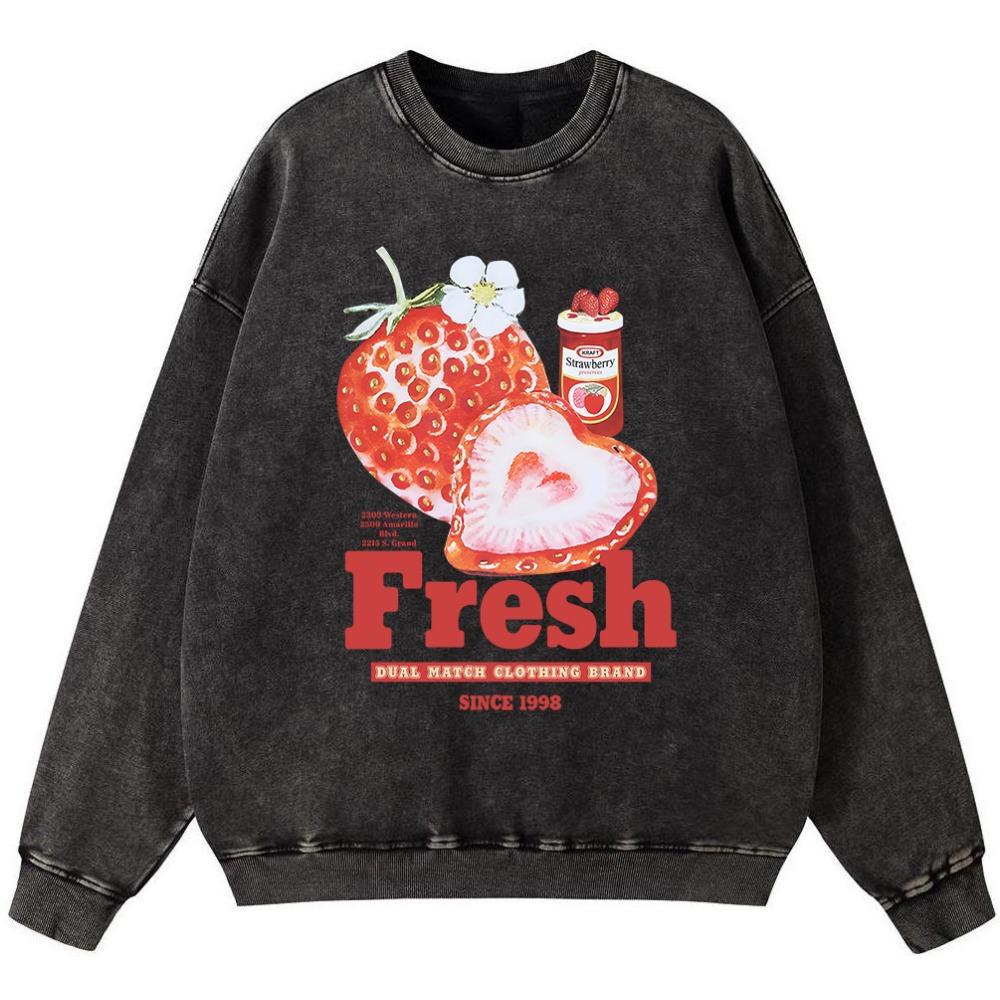 Fresh Strawberry Creative Printed Woman Vintage Washed Cotton Sweatshirt Fashion Oversize Pullover Vintage Comfortable Hoodie