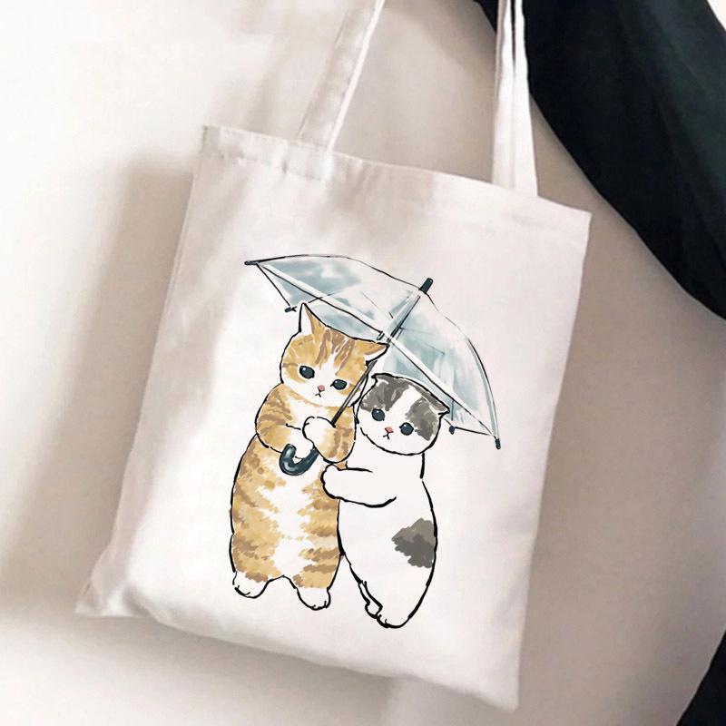 Whimsical Cat On Bicycle Canvas Shoulder Tote - Cute Print for Students and Shopping