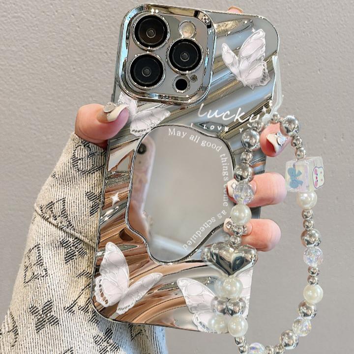 Butterfly mirror chain is suitable for Apple 15 mobile phone case iphone14pro electroplated silver wave pleated mirror 13.