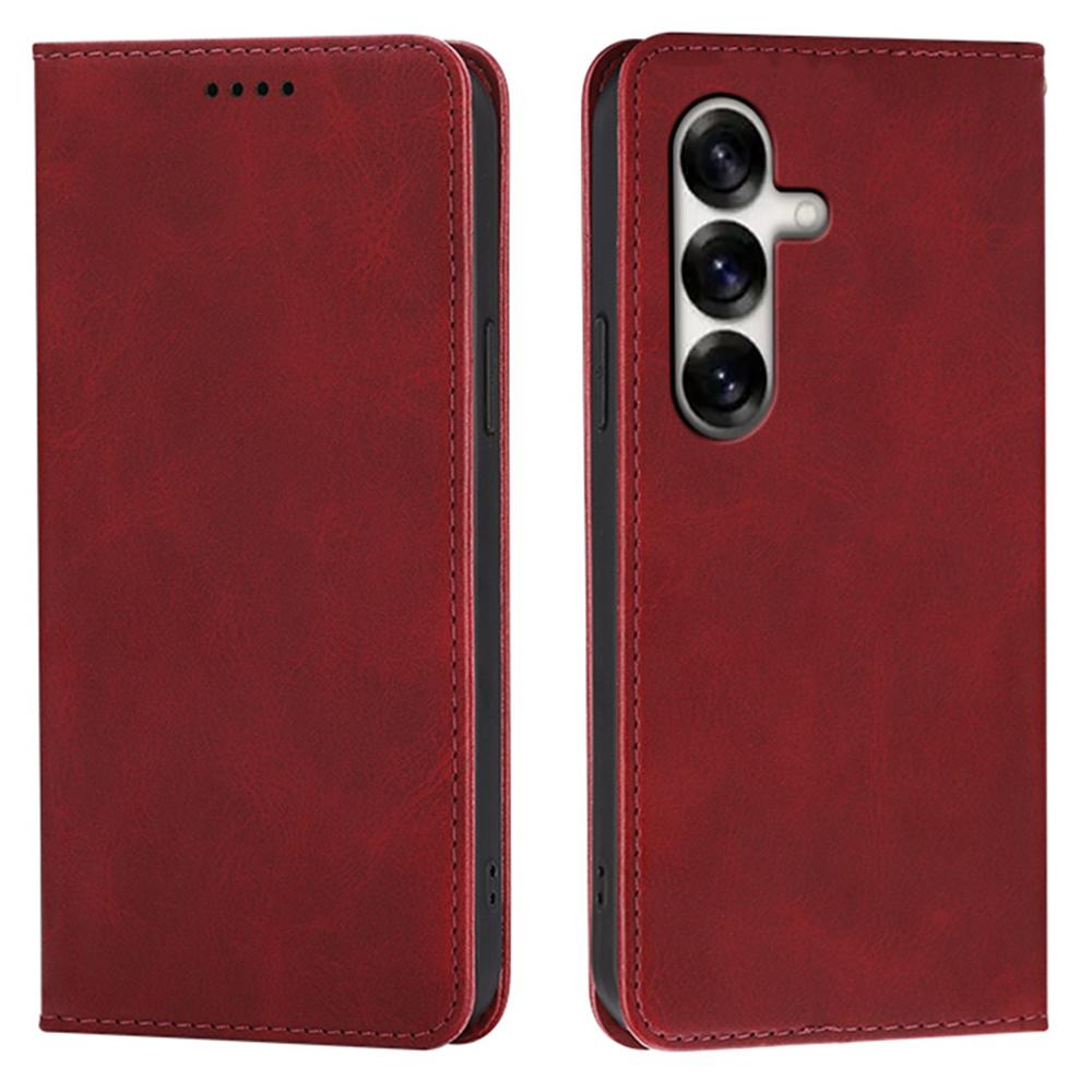 

For Samsung Galaxy S25+ Case Wallet Calf Texture Leather Phone Cover with Hidden Magnetic Closure Red