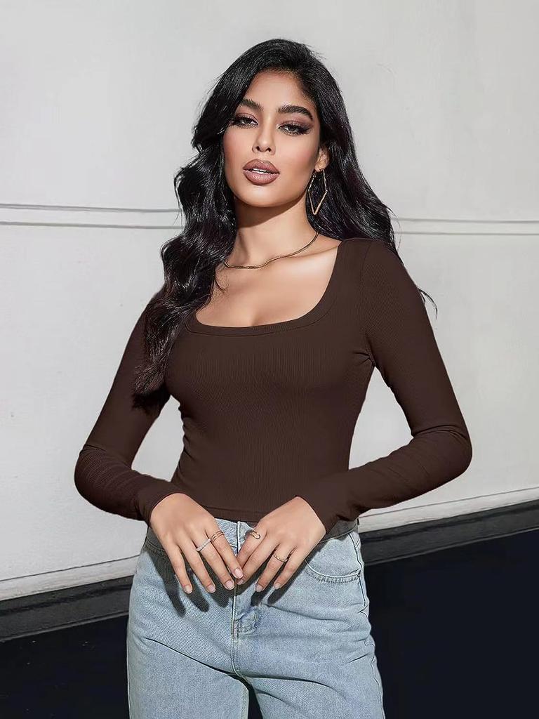 Spring women's tops slim fit short long sleeve square neck T-shirt for hot girls casual and versatile