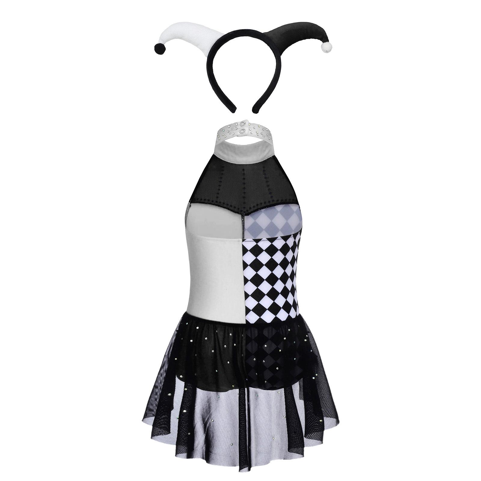 

Girls Clown Leotard Halter Sleeveless Color Block Rhinestone Waist Mesh Overlay Crotch Buttons Jumpsuit Set 5-6 Years