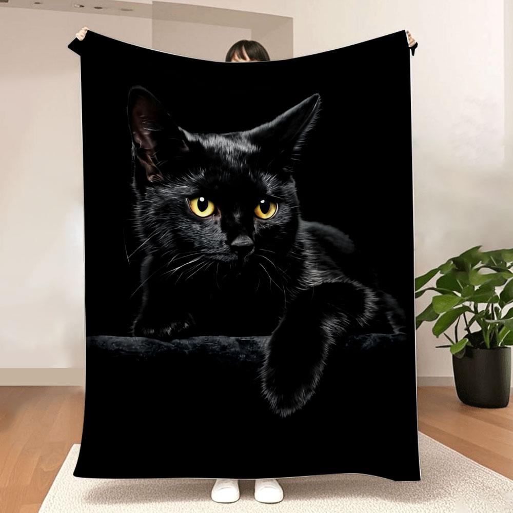 Black Cat Printed Throw Blanket - Glossy Textured Fleece, Dramatic Contrast Design, Perfect For Cozy Home Decor, Alert Relaxed C
