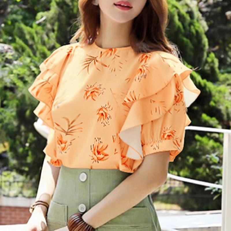 ZANZEA Women Casual Round Neck Ruffles Short Sleeve Loose Print Blouse