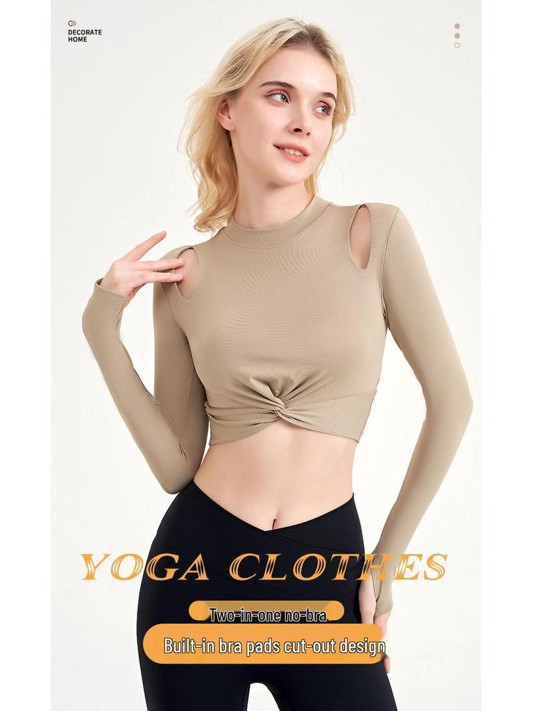 U-Back Long Sleeve Yoga Top with Semi-Fixed Teardrop Cups - Breathable, Quick-Drying Fitness Wear for Autumn & Winter