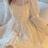 Sommer A-linie Rüschen Mesh Kleid Frauen Koreanische Süße Apricot Frauen Mini Kleid Quadrat Kragen Lange Puff Sleeve Prinzessin Kleider 28498