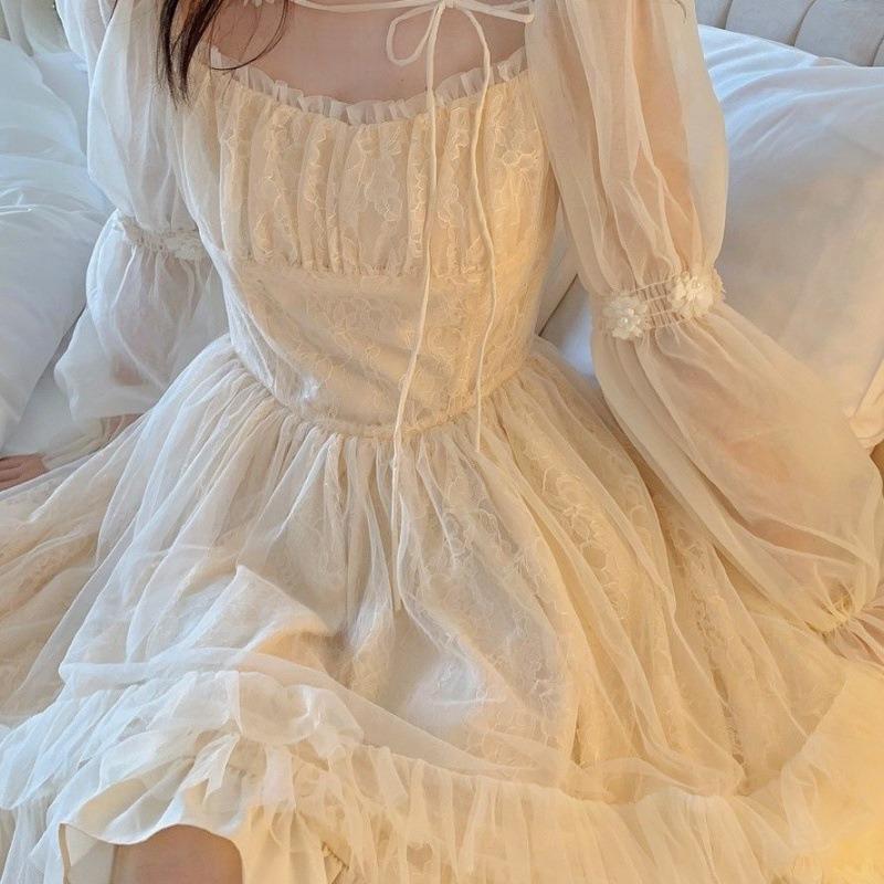 Sommer A-linie Rüschen Mesh Kleid Frauen Koreanische Süße Apricot Frauen Mini Kleid Quadrat Kragen Lange Puff Sleeve Prinzessin Kleider 28498