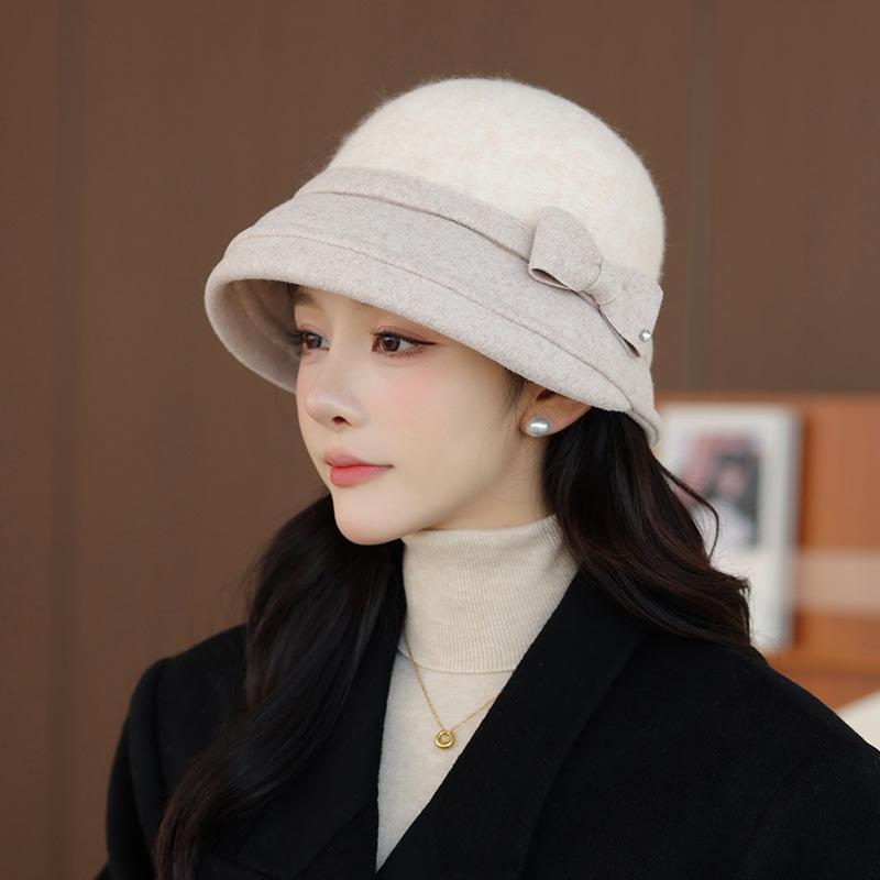 New Woolen Top Hat Bucket Hat Women's Retro Bow Fisherman Hat Autumn and Winter Elegant Basin Hat