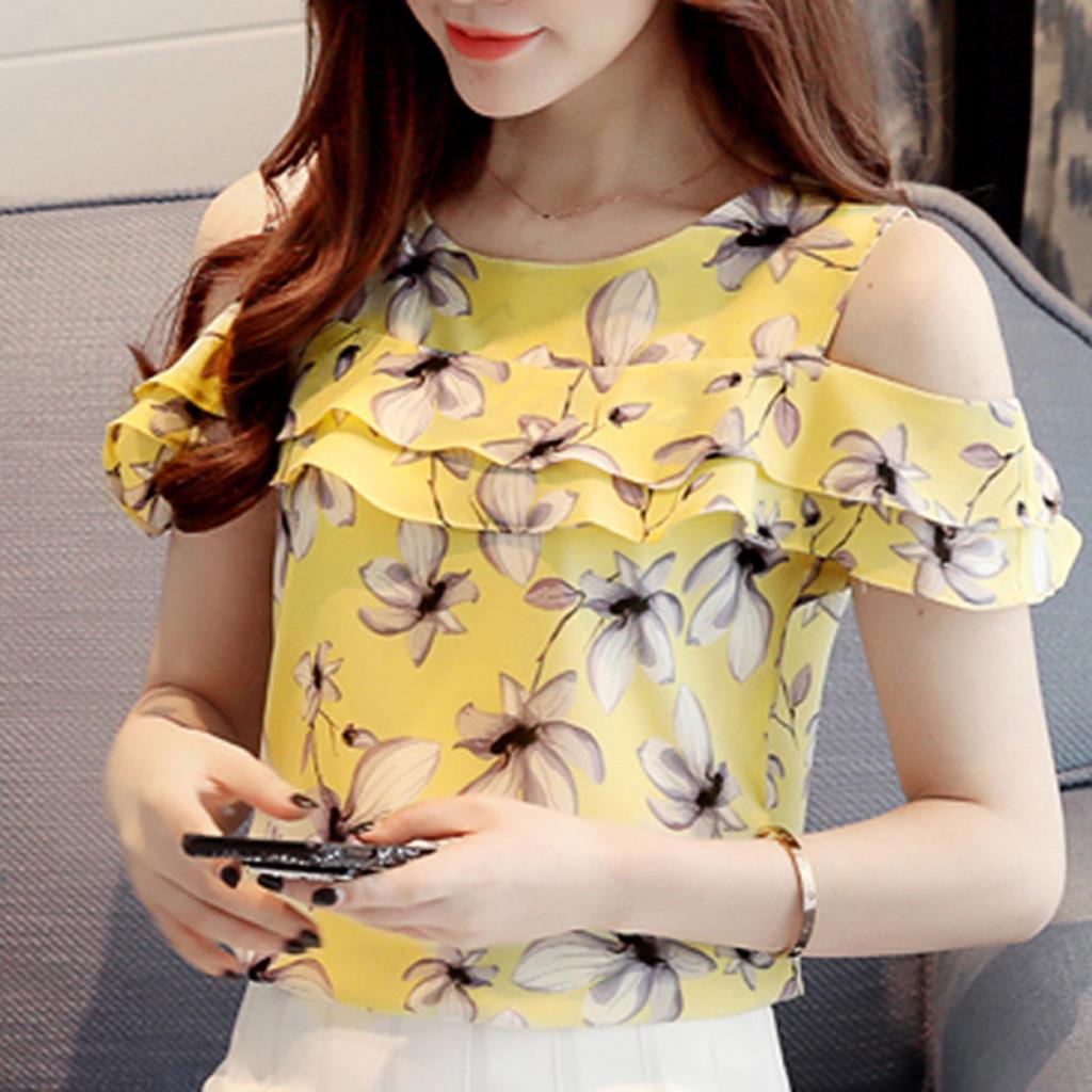 Summer Women Off Shoulder Ruffles Tops Casual Chiffon Floral Print Blouses