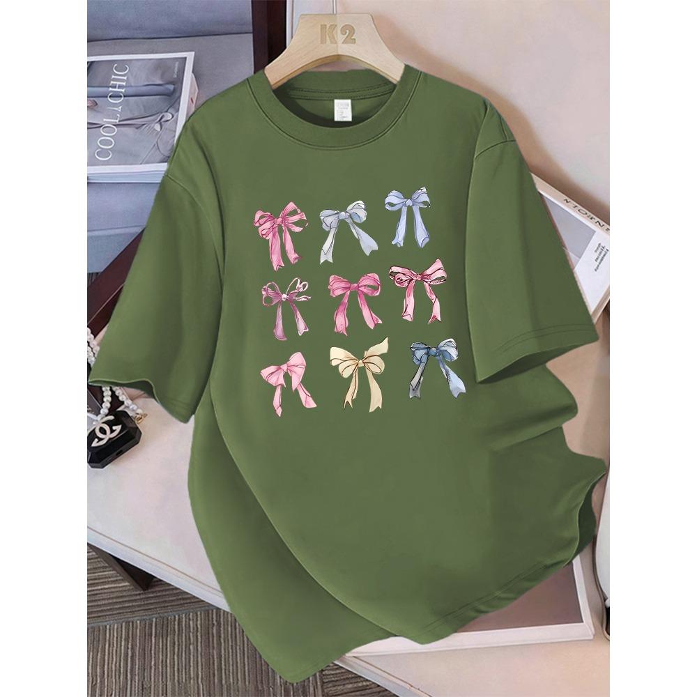 Summer T-shirt Women's Colorful Bow Printed Short Sleeve Comfortable Soft Round Neck Top Holiday Casual Women's Clothing