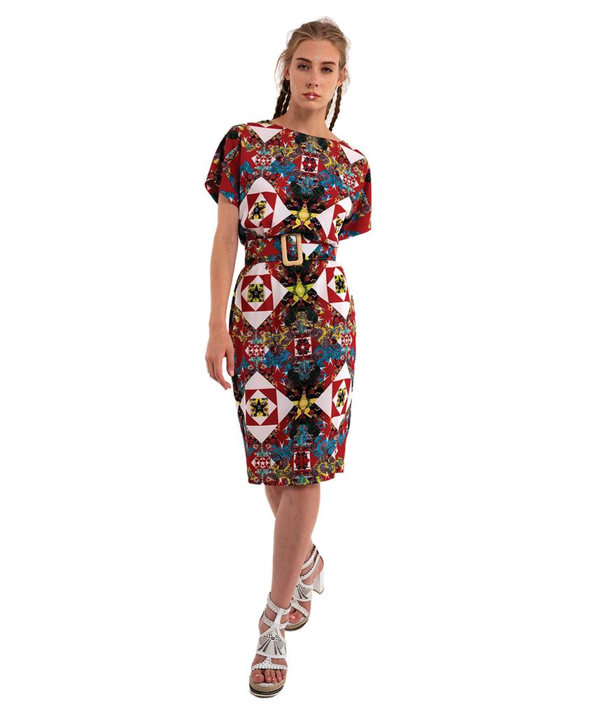 Greedius Red Geometric Short Sleeve Dress