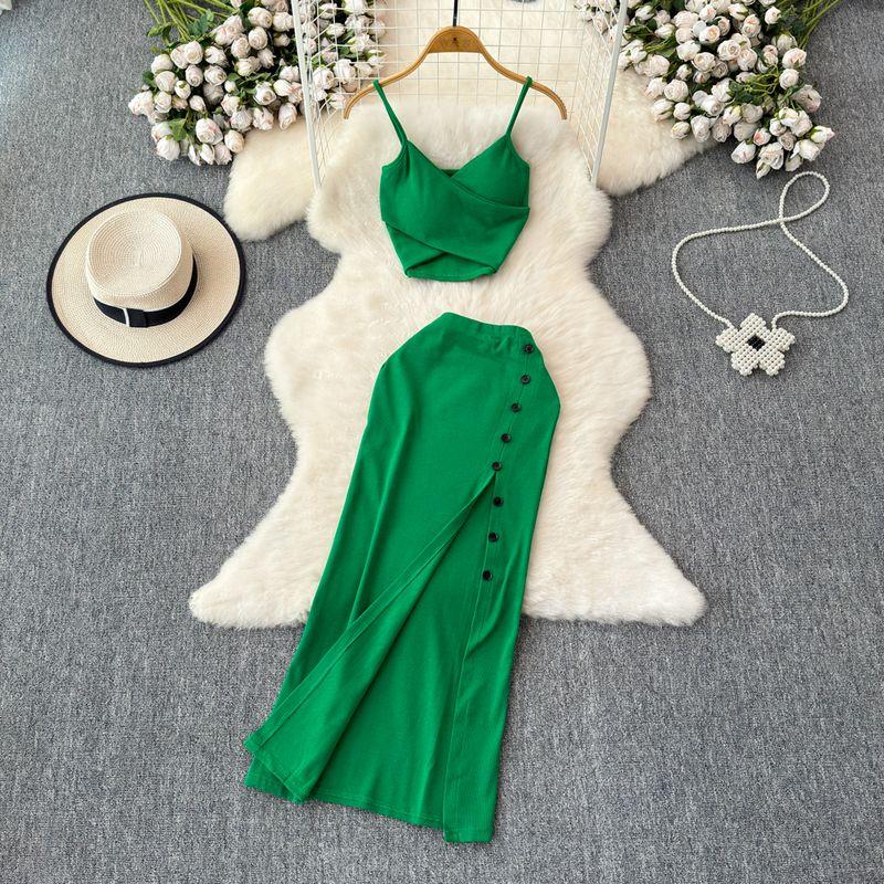 Fashion Suit Women's Summer Sexy Padded Strap Vest Two-Piece Set High Waist Slimming Slit Sheath Skirt