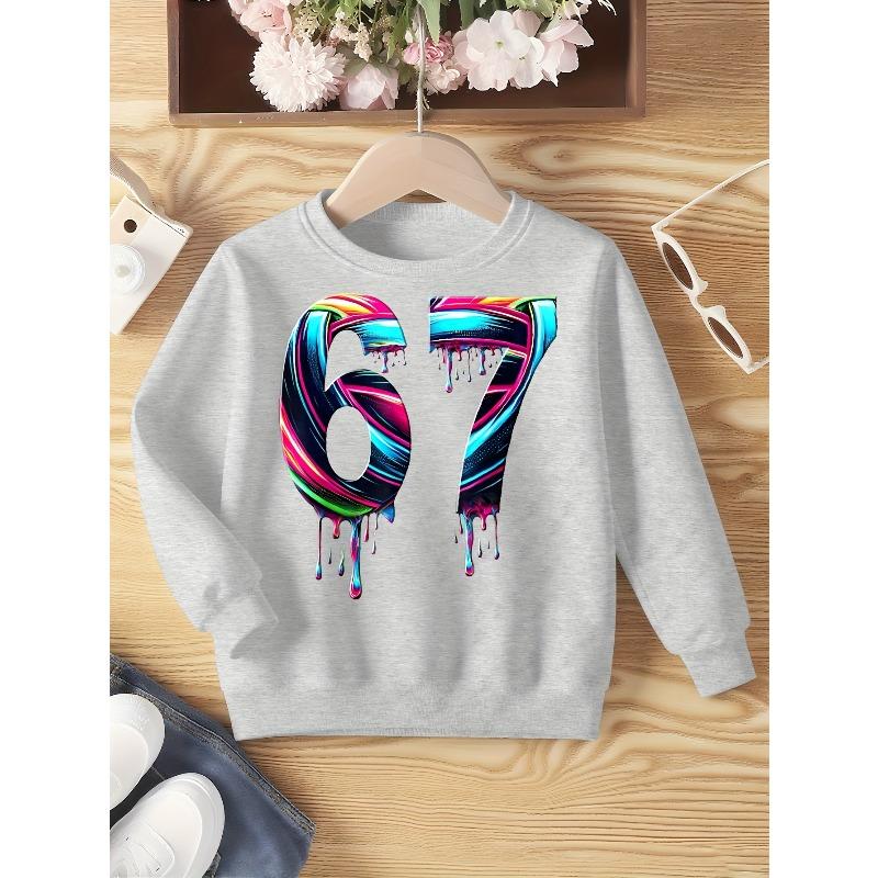 Kids Unisex Black Crewneck Sweatshirt, Neon Rainbow Swirl Drip 67 Number Graphic Long Sleeve Pullover, Soft Fleece Sweatshirts for Boys Girls Ages 4+