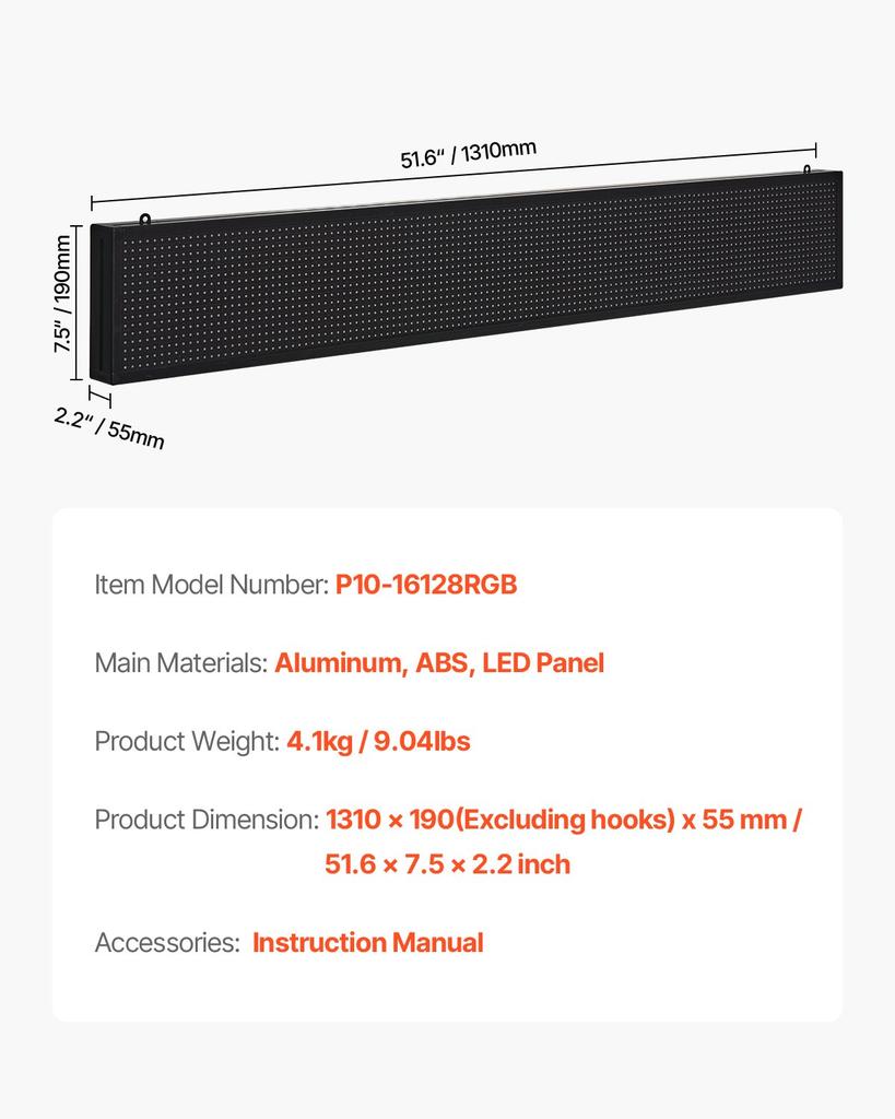 VEVOR Programmable LED Sign, P10 Full Color Flexible Digital Scrolling Panel, DIY Custom Text Pattern GIF Display Board