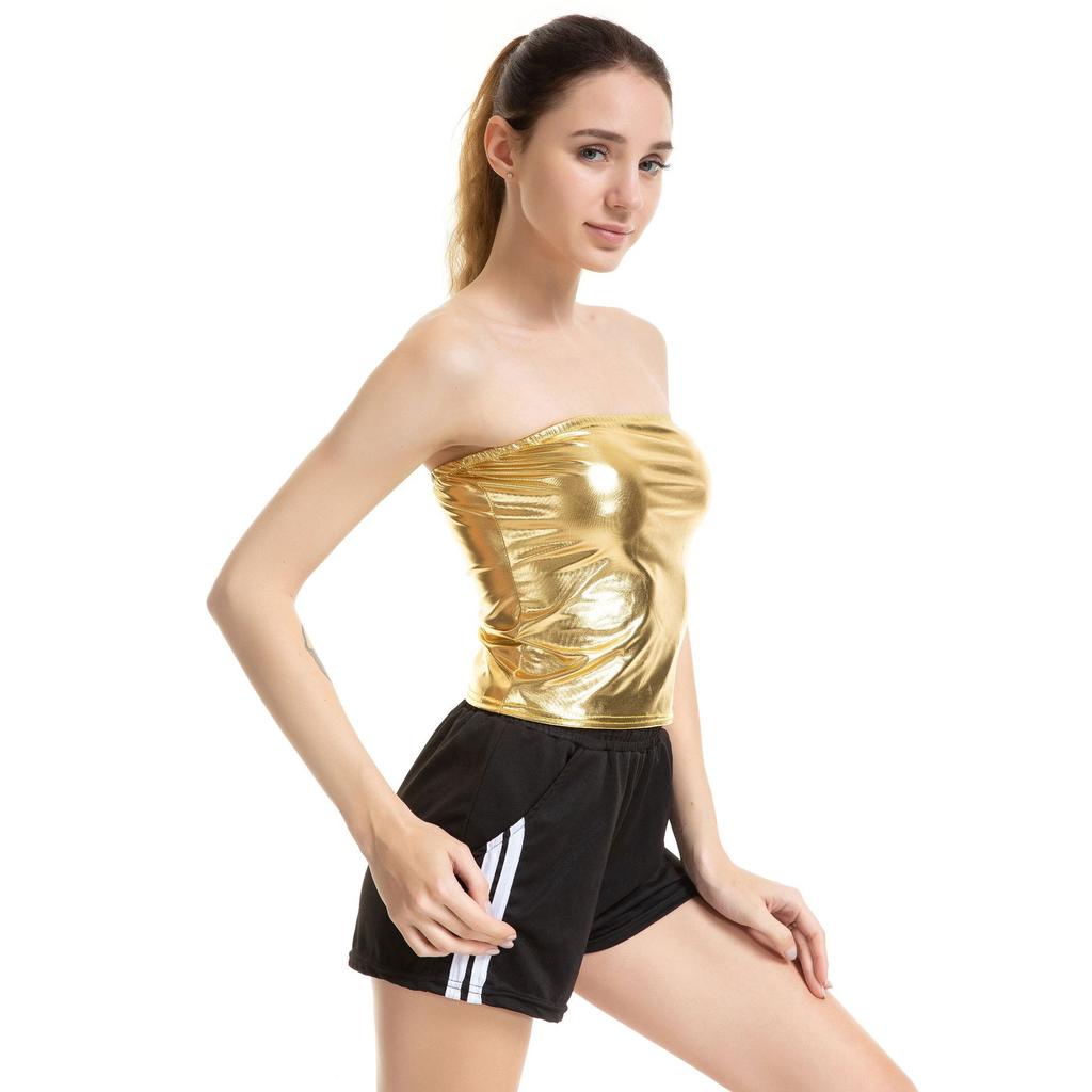 Women's Shiny Metallic Crop Tops Long Sleeve High Neck Tops/Camisole - View #2