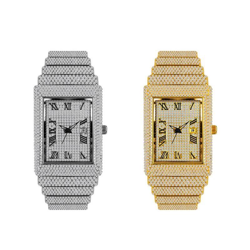 Damski Kwadratowy Zegarek z Diamentami Bling Iced Out Kwarcowy Zegarek na Rękę Cyfry Rzymskie Wodoodporny Modne Zegarki dla Mężczyzn