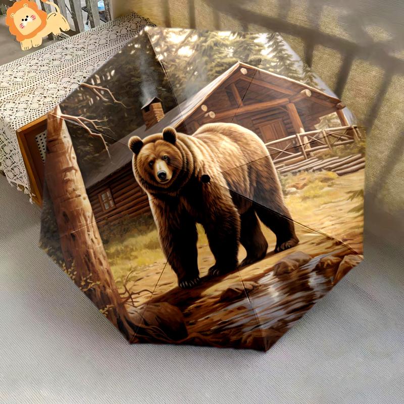 1 PC Automatic Folding Umbrella - Retro Brown Bear Pattern, Portable & Foldable Design with 8 Ribs, Christmas Birthday Gifts