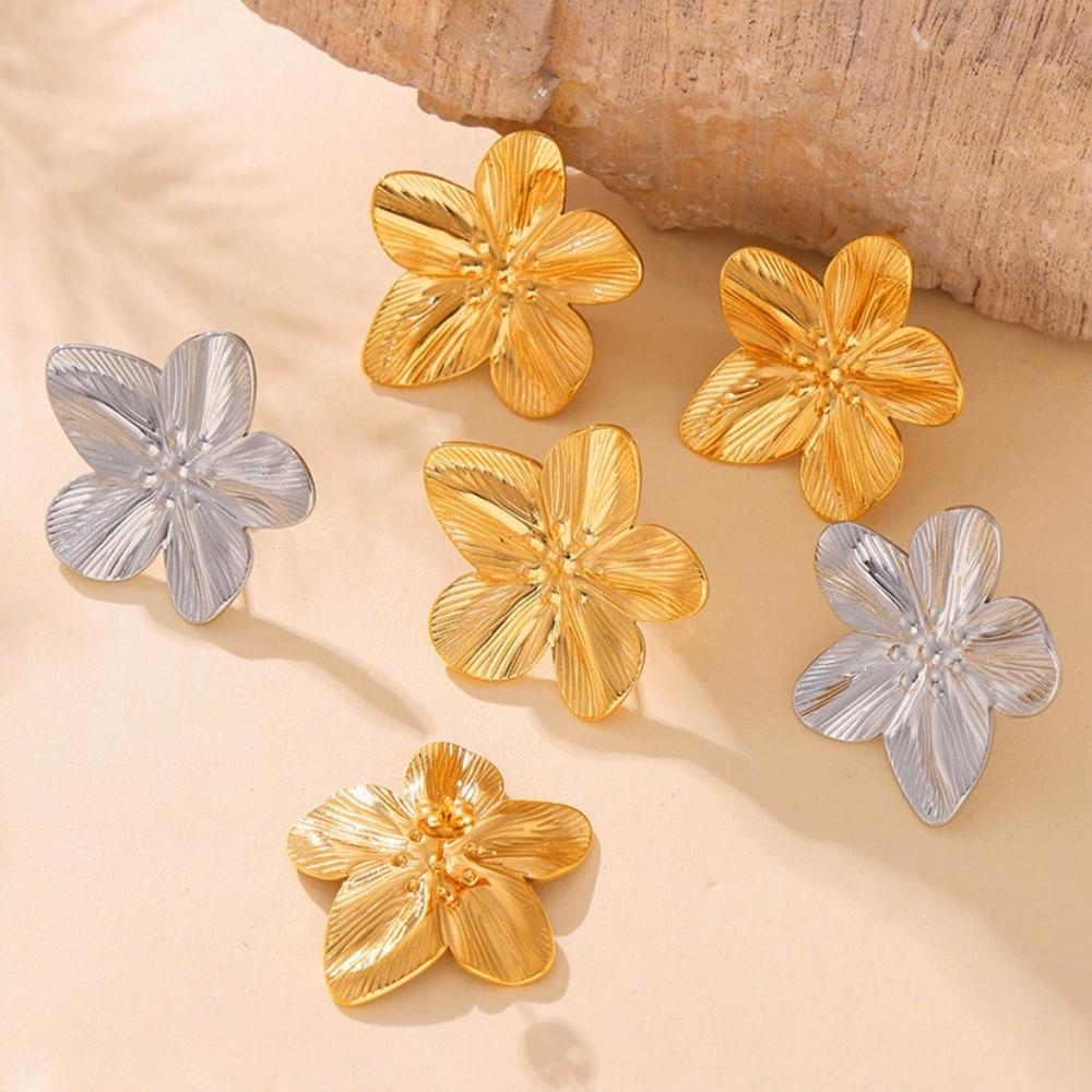 Htpwe Stainless Steel Flower Leaf Stud Earrings For Women 18k Gold Plated Couple Holiday Gift Earrings Party Daily Zircon