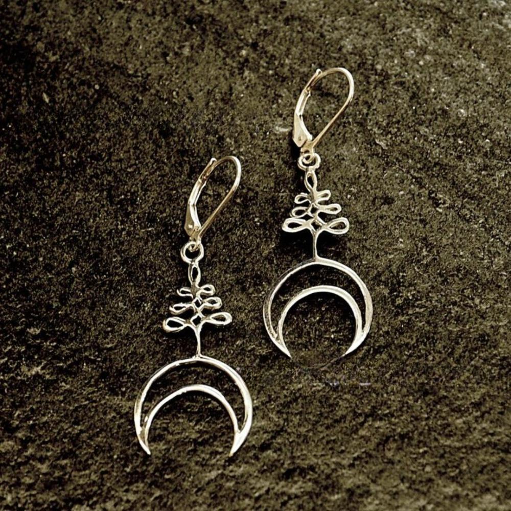 Retro Gothic Silver Color Geometry Hollowed-out Crescent Moon Symbol Pendant Dangle Earrings for Women Halloween Party Jewelry